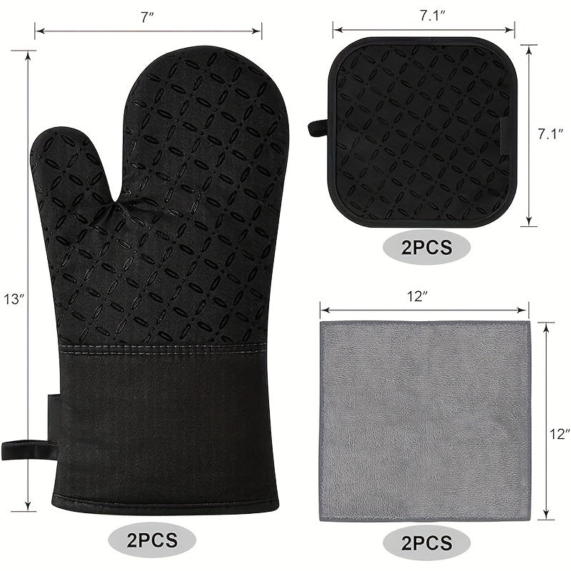 High Heat Resistant 500 Degree Oven Mitts and Pot Holders - 6pcs Set, 1 Pair Extra Long Oven Glove with Non-Slip Silicone Surface for Cooking
