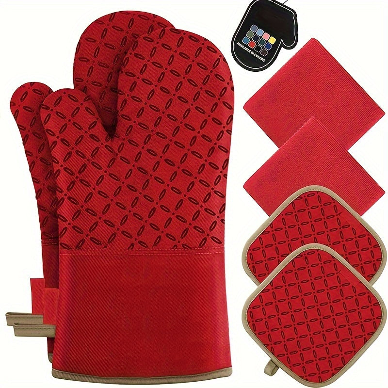 High Heat Resistant 500 Degree Oven Mitts and Pot Holders - 6pcs Set, 1 Pair Extra Long Oven Glove with Non-Slip Silicone Surface for Cooking