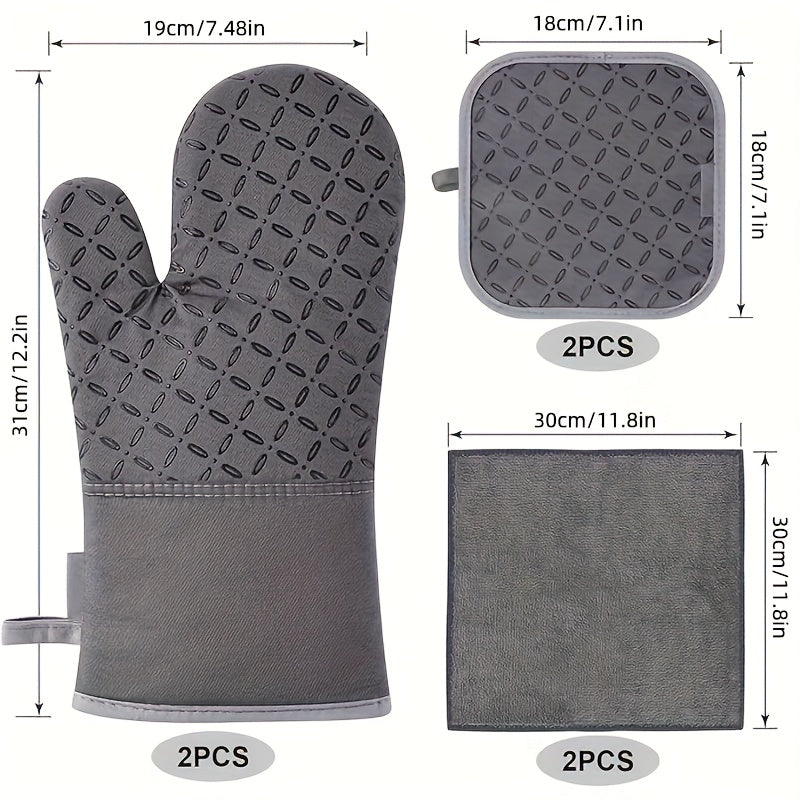 High Heat Resistant 500 Degree Oven Mitts and Pot Holders - 6pcs Set, 1 Pair Extra Long Oven Glove with Non-Slip Silicone Surface for Cooking